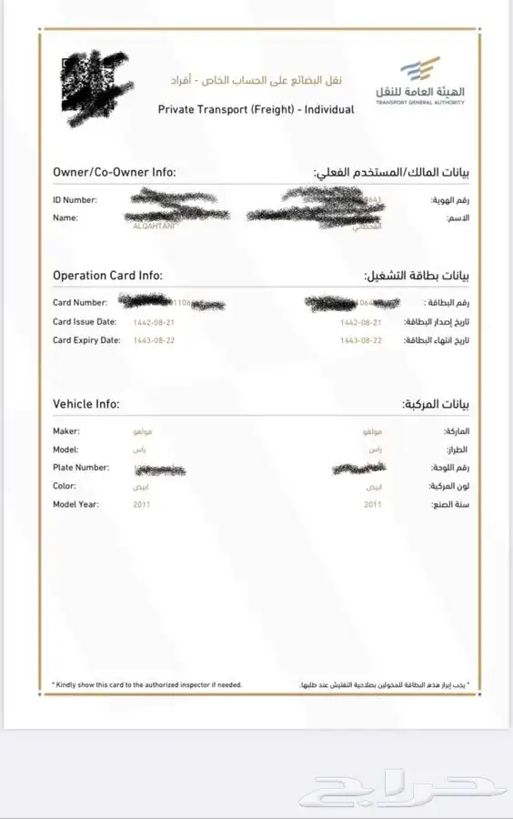 كرت تشغيل خطابات اصدار تجديد نقل هيئة النقل 0