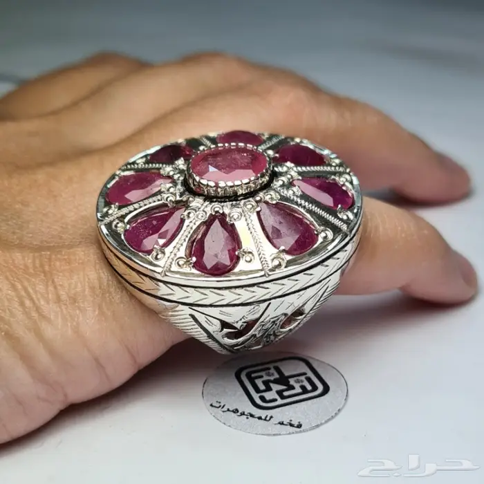 خاتم فضه فخم جوهرة من الياقوت الطبيعي 0