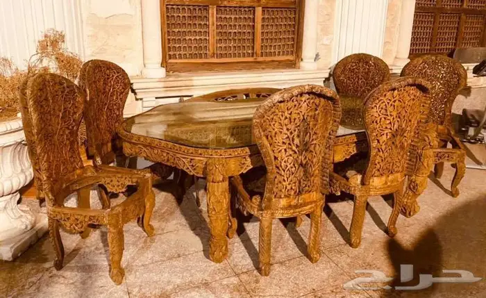 طاولة سفرة انتيك مع 6 كراسي حفر خشب (هاند ميد بالكامل ) 3