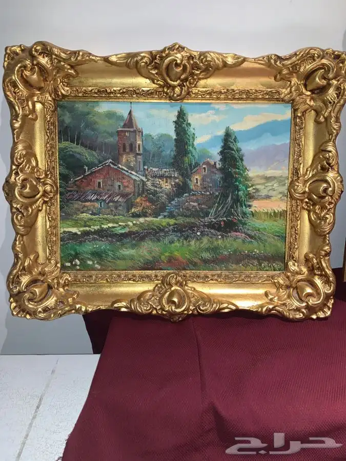 طقم لوحتان رسم تشكيلي أثريتان ببرواز ذهبي معتق 8