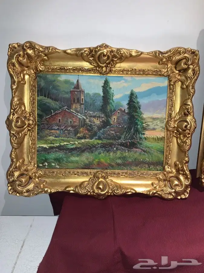 طقم لوحتان رسم تشكيلي أثريتان ببرواز ذهبي معتق 7