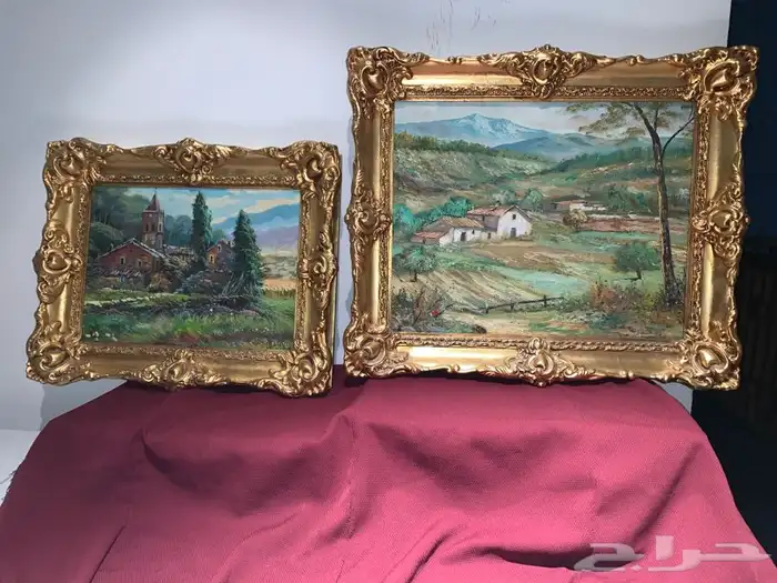 طقم لوحتان رسم تشكيلي أثريتان ببرواز ذهبي معتق 0