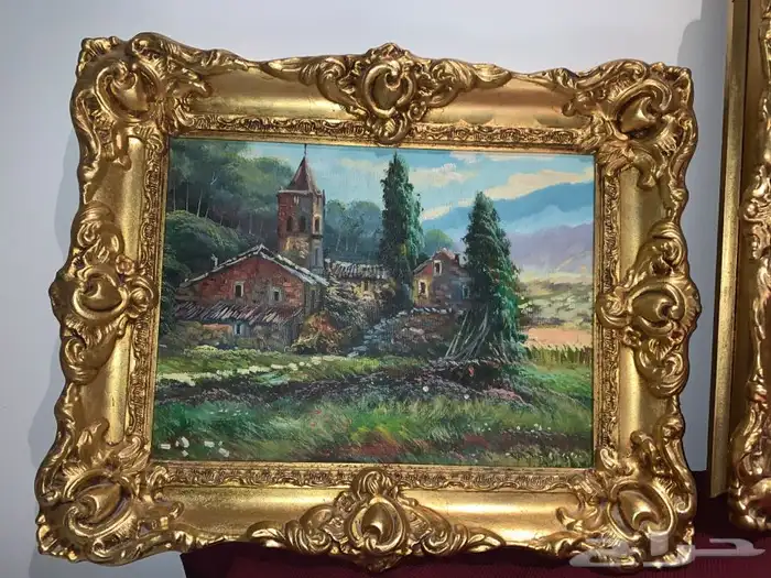 طقم لوحتان رسم تشكيلي أثريتان ببرواز ذهبي معتق 18