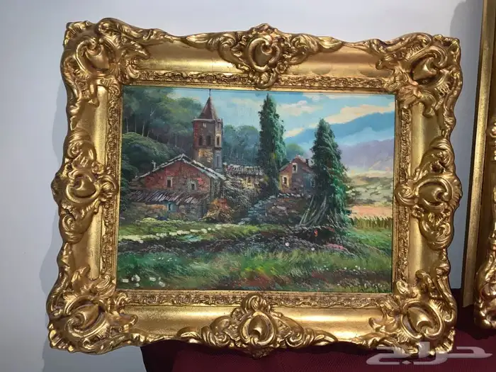 طقم لوحتان رسم تشكيلي أثريتان ببرواز ذهبي معتق 13