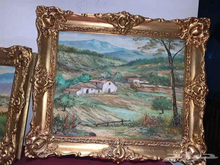 طقم لوحتان رسم تشكيلي أثريتان ببرواز ذهبي معتق 17