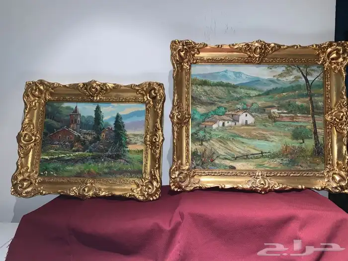 طقم لوحتان رسم تشكيلي أثريتان ببرواز ذهبي معتق 19