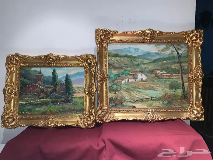 طقم لوحتان رسم تشكيلي أثريتان ببرواز ذهبي معتق 14