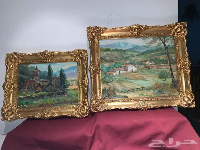 طقم لوحتان رسم تشكيلي أثريتان ببرواز ذهبي معتق 26