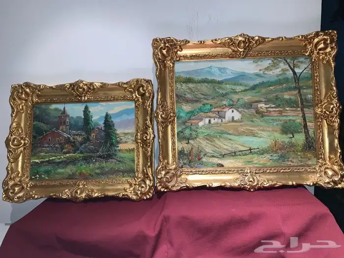 طقم لوحتان رسم تشكيلي أثريتان ببرواز ذهبي معتق 25