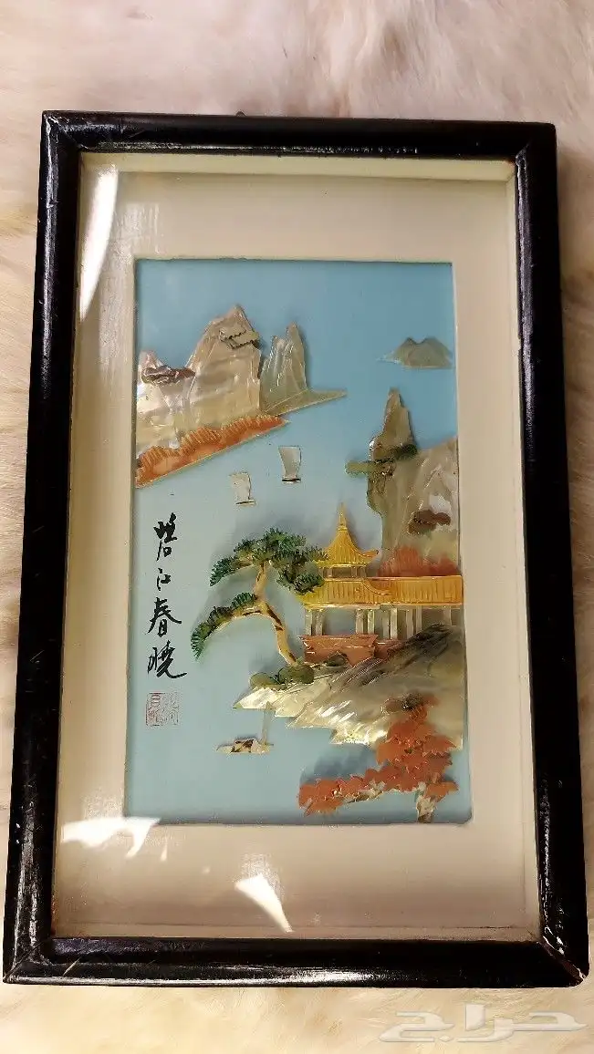 لوحات آسيوية بالصدف الطبيعي والختم الأحمر القديم للبيع 0