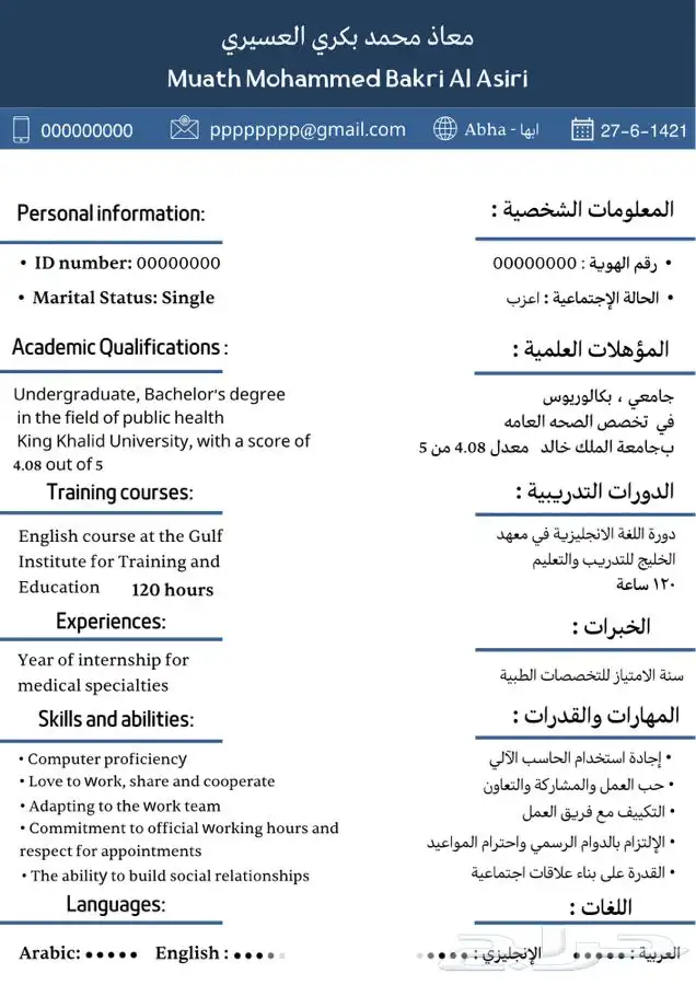 سيرة ذاتية انجليزي وعربي ومدمج 0