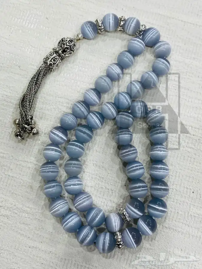 سبحة او مسبحه حجر عين القط بشراب وشواهد فضية 6