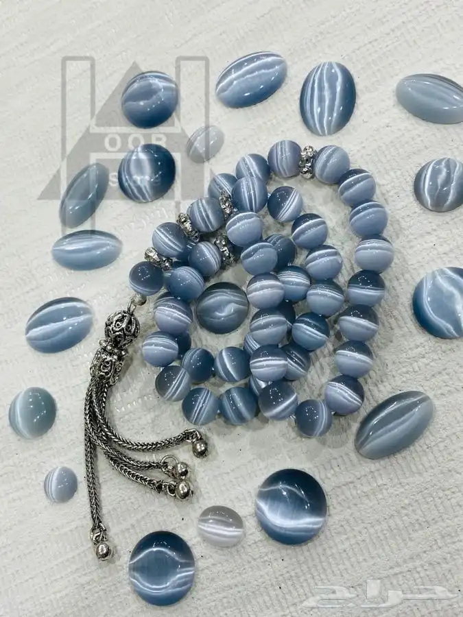 سبحة او مسبحه حجر عين القط بشراب وشواهد فضية 4