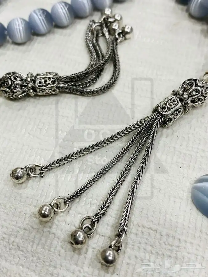 سبحة او مسبحه حجر عين القط بشراب وشواهد فضية 3