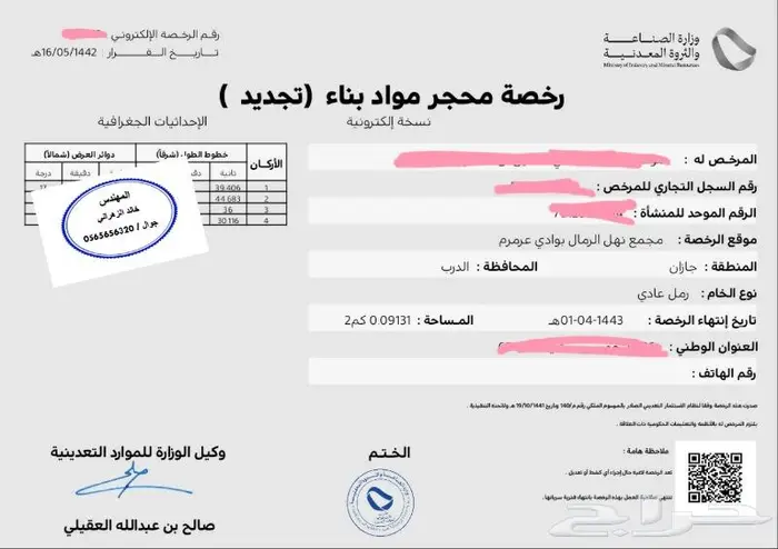 رخصة كسارة استخراج بيع   رخص ذهب 1