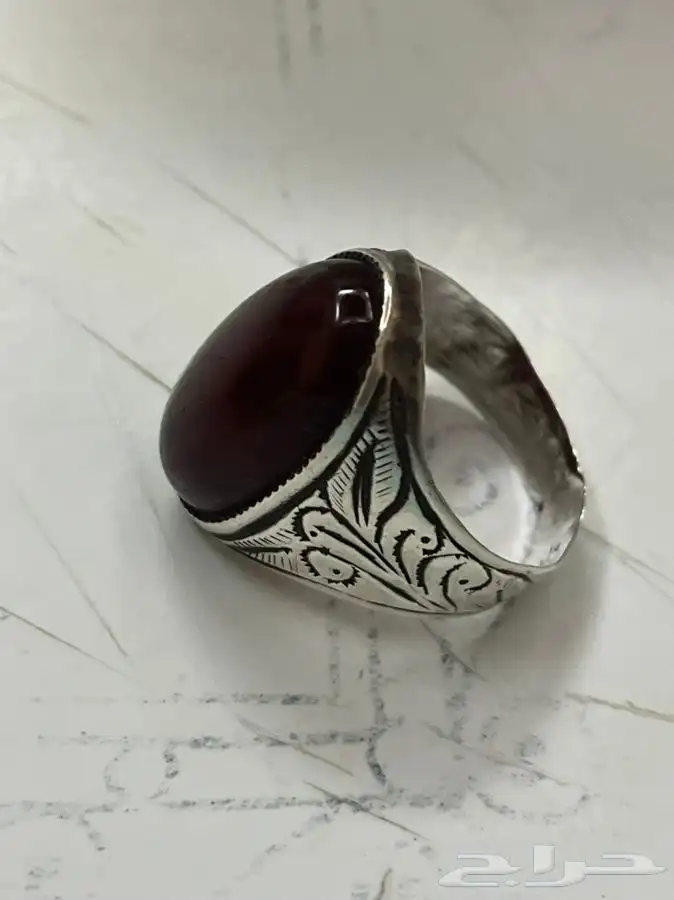 خاتم فضه شغل يدوي قديم فص عقيق كبدي اصلي 1