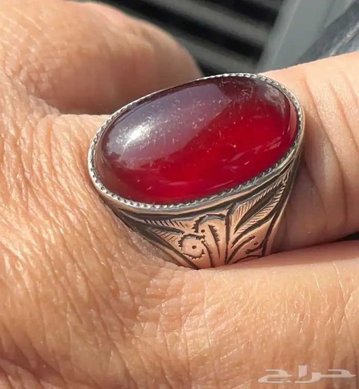 خاتم فضه شغل يدوي قديم فص عقيق كبدي اصلي 2