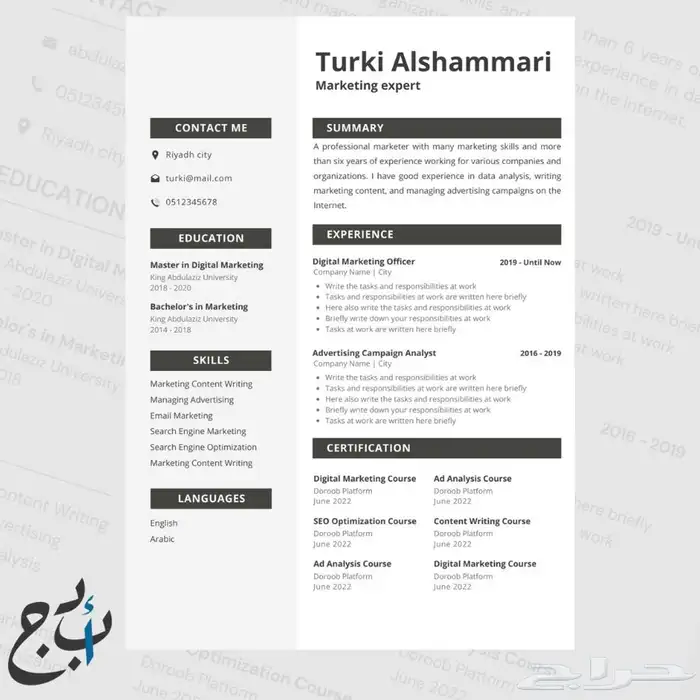 تصميم سيرة ذاتية احترافية ATS CV 3