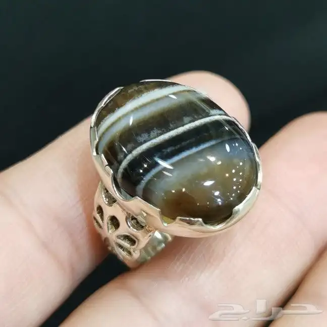 خاتم فضه عقيق جزع هندي 0