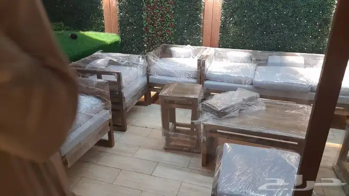 جلسات خارجية اطقم كاملة جاهز تفصيل خشب حديد كراسي طاولات 75