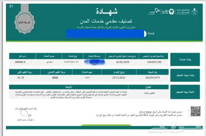 شهاده مقدمي خدمات المدن تصنيف مقاولين تاسيس شركات 0