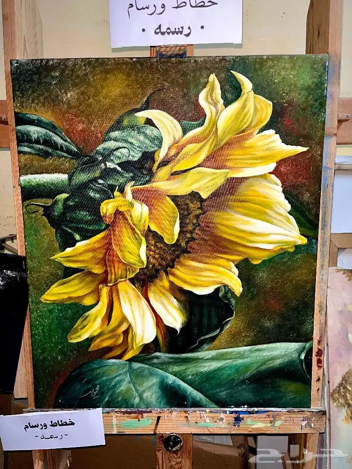 رسم لوحه لنبات  دوار الشمس  الوان زيت على كانفس 1