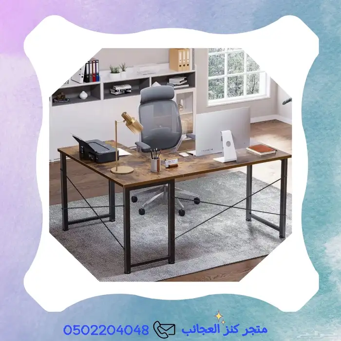 طاولة حرف L خشبي - بني معتق 3