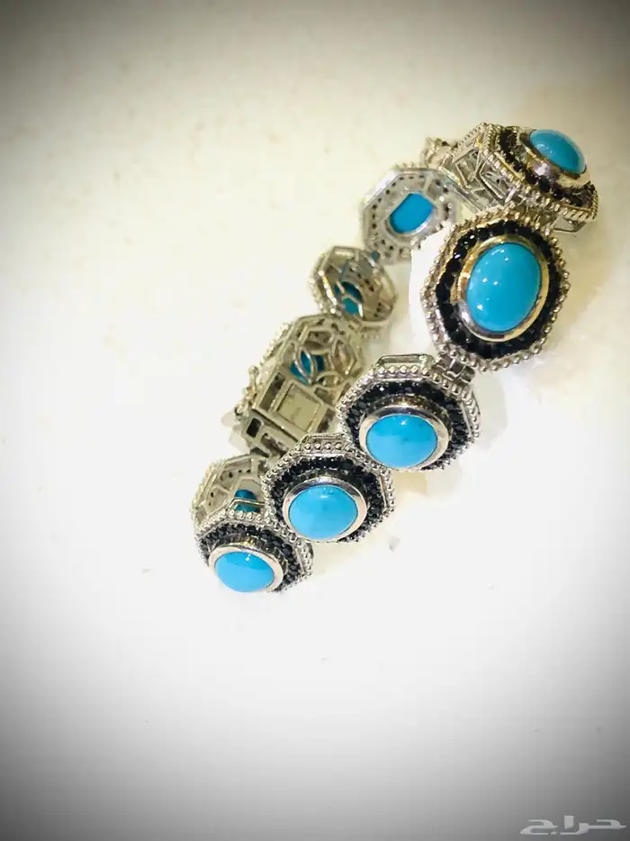 (تم البيع )سوار اسوارة فضة ثقيلة بخرز فيروزي وكريستال 2