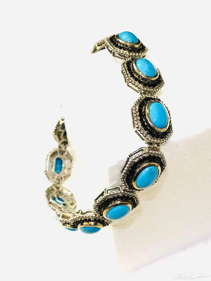 (تم البيع )سوار اسوارة فضة ثقيلة بخرز فيروزي وكريستال 0