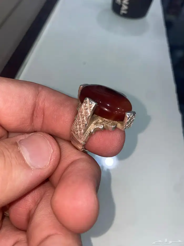 خاتم فضة عقيق كبدي عيار 925 عليه دبغة الشريف 2