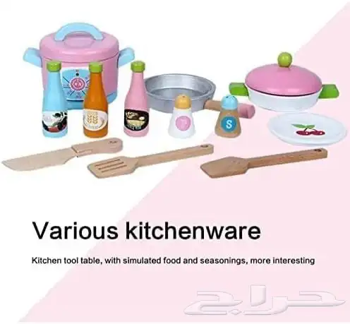 مطبخ أطفال خشب وردي متين مع أغراض مطبخ كاملة وبالحجم الكبير 9