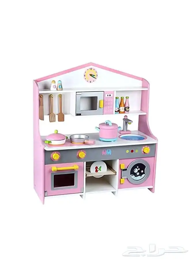 مطبخ أطفال خشب وردي متين مع أغراض مطبخ كاملة وبالحجم الكبير 0