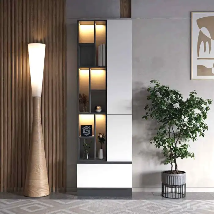 61 دولاب ديكور أبيض و رمادي شامل الإضاءة موديل 61 0