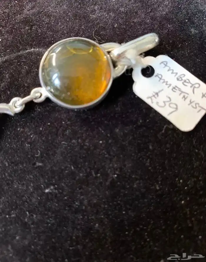 تعليقة طويلة من الفضة مختومة بحجر العنبر الكهرمان والاماثيست 2