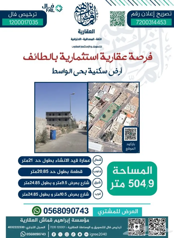 أرض سكنية بحي الواسط خلف مصنع البان الطائف 0