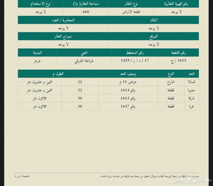 للبيع ارض سكنية بعرعر حي عرناطة 1