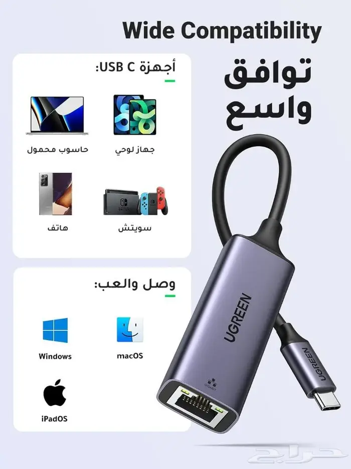 وصلة USB-C لوصل الجوال او جهاز سوني والكمببوتر بكيبل الشبكة 0