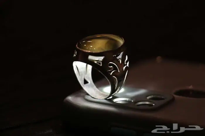خاتم فضة عقيق رمادي غامق بعروق (مزاد) 8