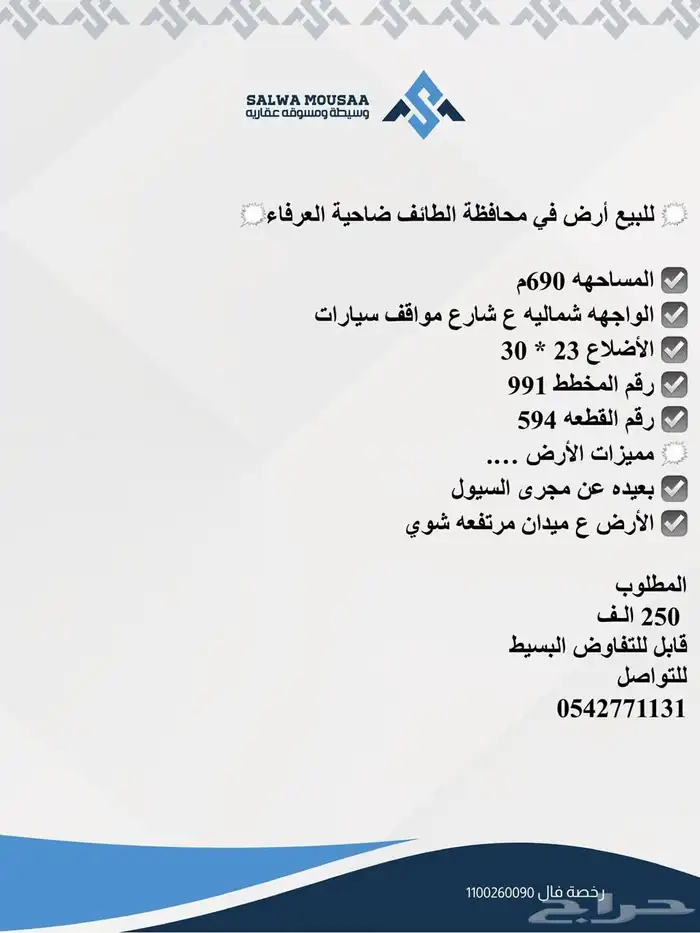 للبيع أرض في محافظة الطائف حي العرفاء 0