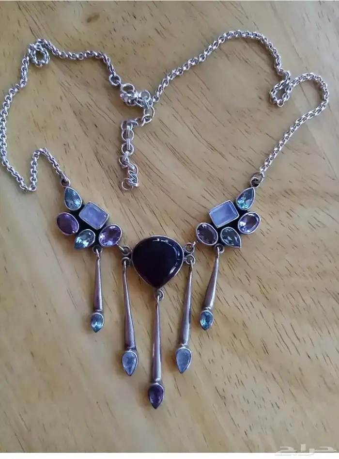 عقد قلادة فضة  استرليني بمجموعة مختلفة من الأحجار الكريمة 0