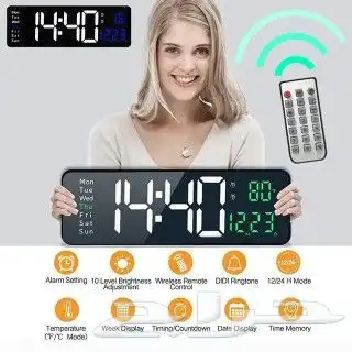 ساعة حائط فيها الوقت وتنبيه والتاريخ والحرارة والايام 0