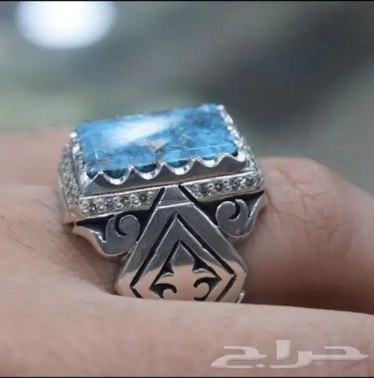 خاتم فضة فيروز نيشابوري مرصع بالالماس بشهادة 0