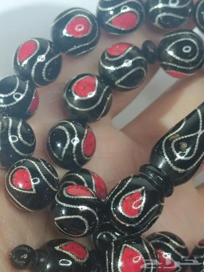 سبحة فاخرة يسر حجازي طبيعي بحر احمر مطعم فضة وكسر مرجان 1