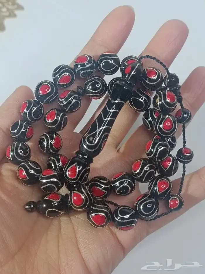 سبحة فاخرة يسر حجازي طبيعي بحر احمر مطعم فضة وكسر مرجان 0