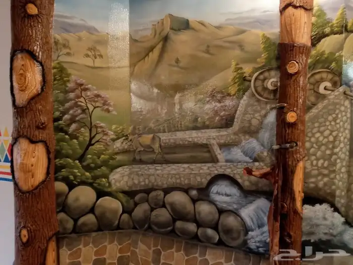 رسم تراث بيت طين ومناظر تراثيه ونحت شلالات مياه 1