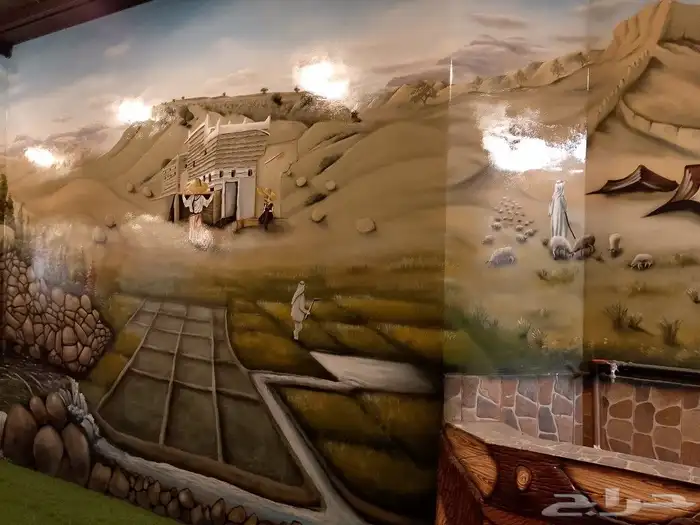 رسم تراث بيت طين ومناظر تراثيه ونحت شلالات مياه 6