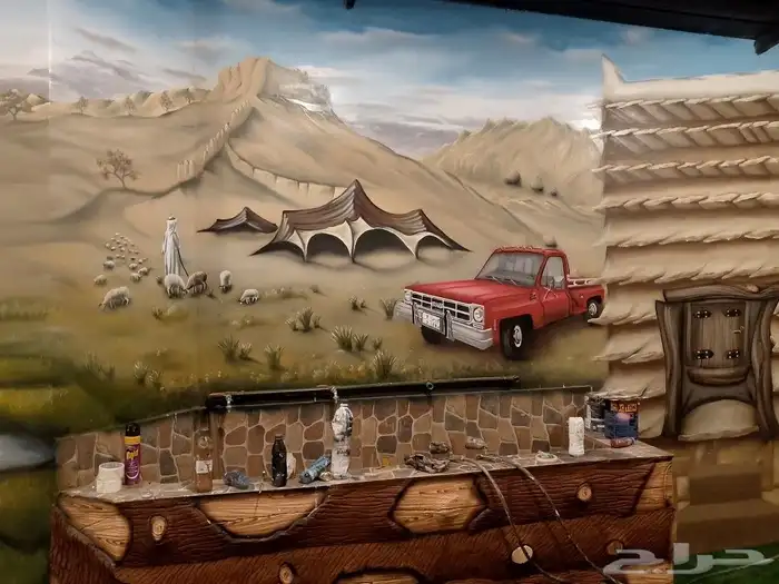 رسم تراث بيت طين ومناظر تراثيه ونحت شلالات مياه 3