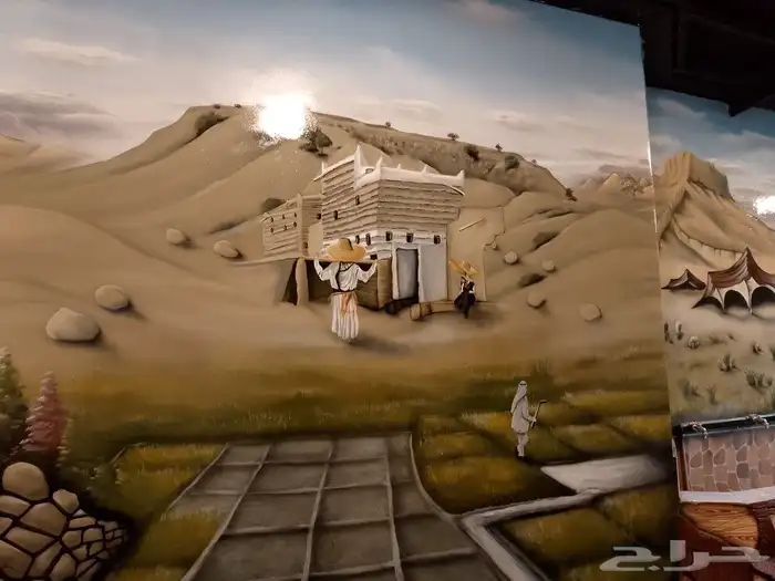 رسم تراث بيت طين ومناظر تراثيه ونحت شلالات مياه 4