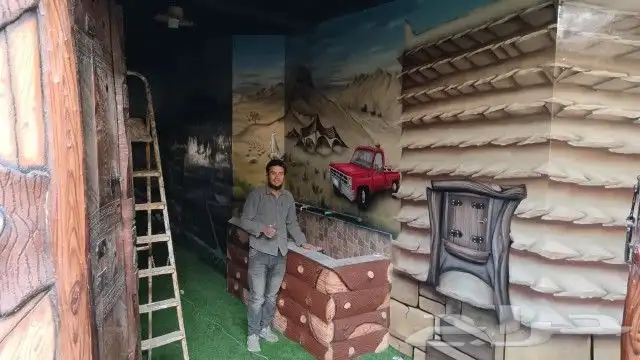 رسم تراث بيت طين ومناظر تراثيه ونحت شلالات مياه 2