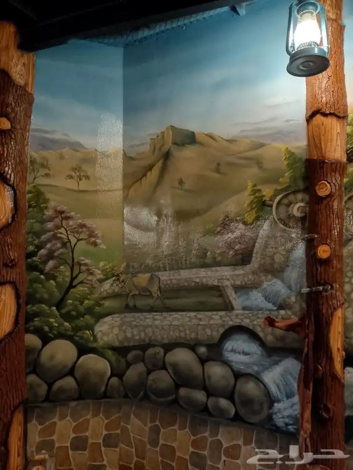 رسم تراث بيت طين ومناظر تراثيه ونحت شلالات مياه 0